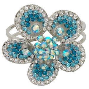 Large Aqua Blue Rhinestone Daisy Flower Silver Hinged Bangle Bracelet
